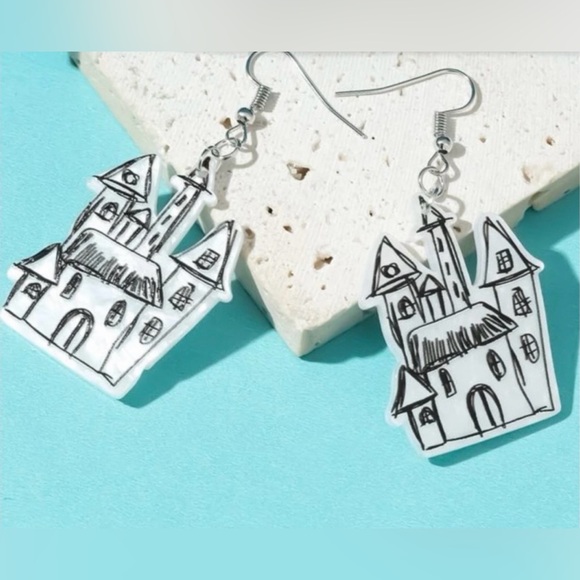 “Haunted House” Manor Mansion Castle Etched Sketch Drawing Halloween Art Dangles - Picture 2 of 3